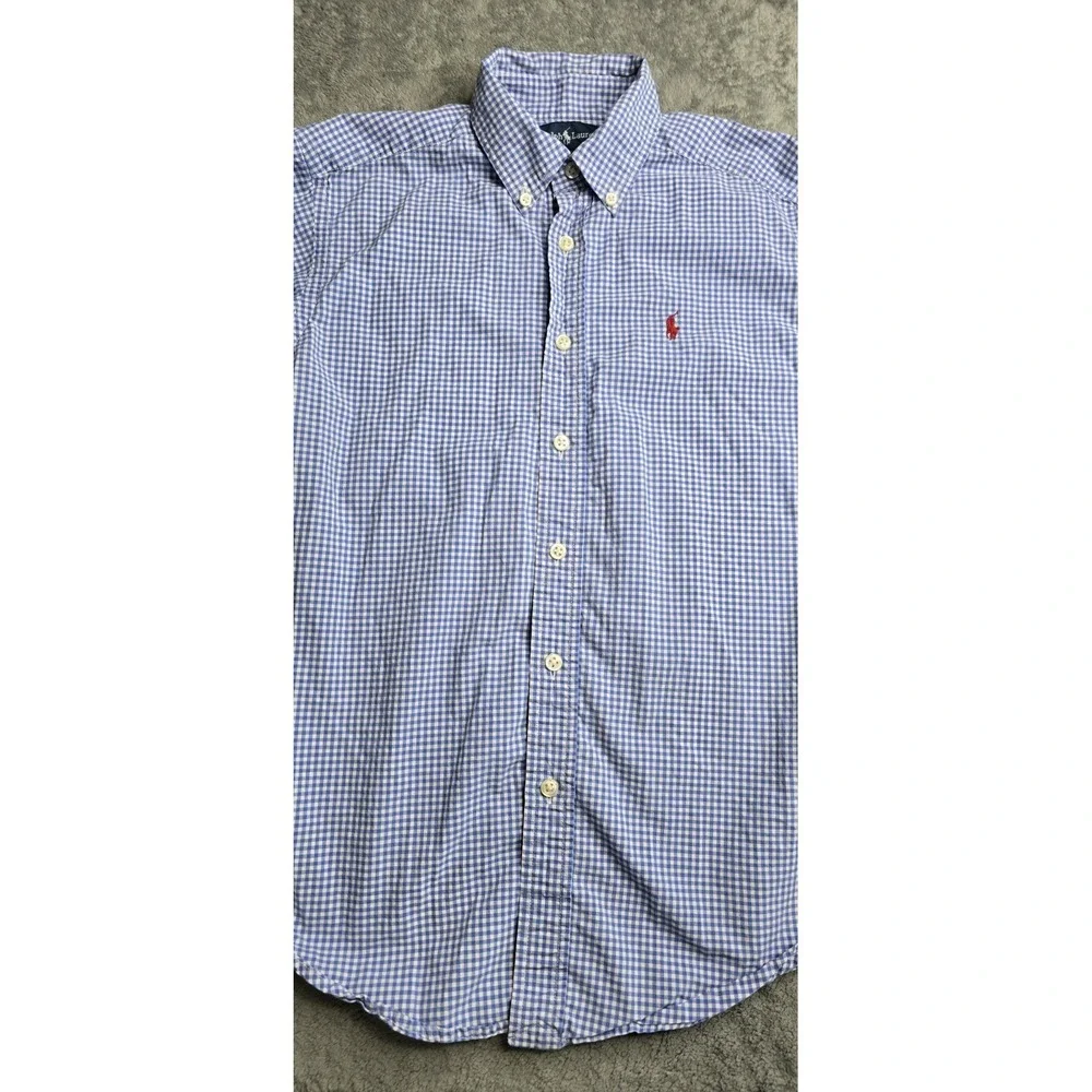 Ralph Lauren Blue Gingham Plaid Long Sleeve Button Down Boys M (10-12) Red Pony